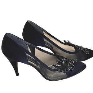 Stuart Weitzman Black Satin Beaded Mesh Heels Pumps